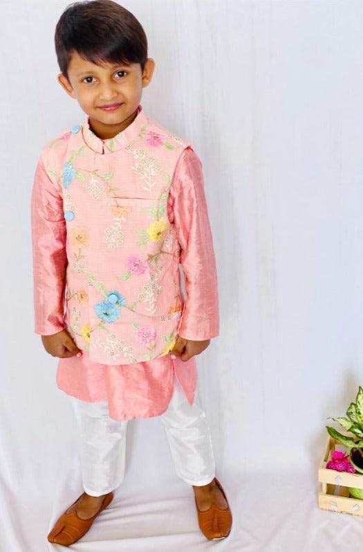 Peachish Pink Embroidered Bandi with Kurta and Pajama - Kirti Agarwal