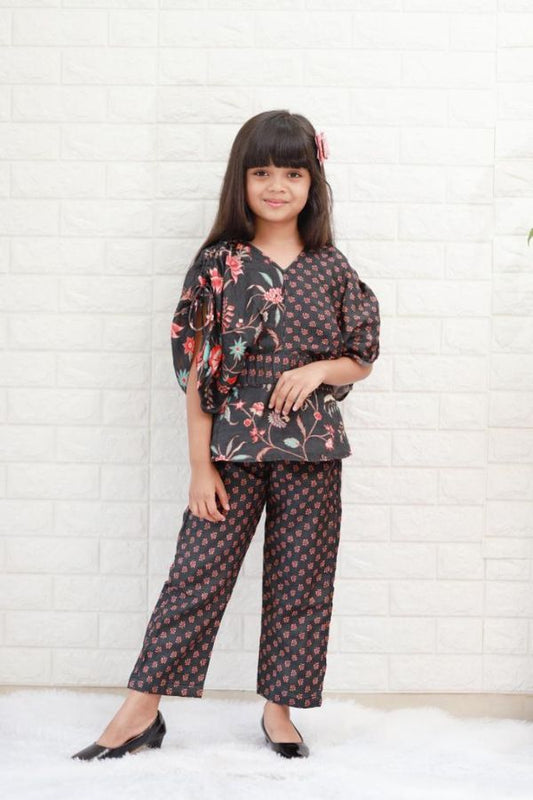 Peplum Style Floral Printed Black Top With Pant - Kirti Agarwal