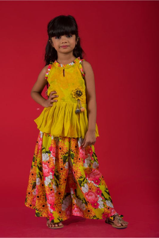 Peplum top with back tie ups and floral print palazzo - Kirti Agarwal