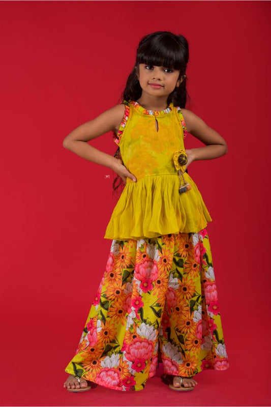 Peplum top with back tie ups and floral print palazzo - Kirti Agarwal