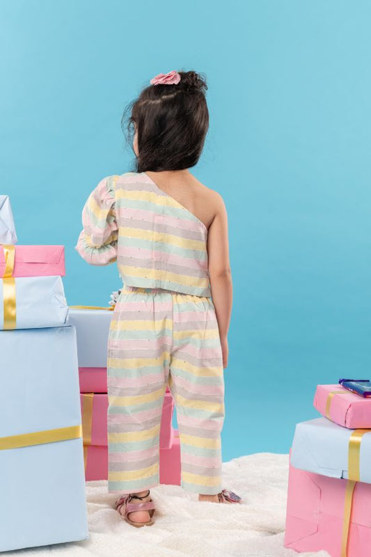 Pineapple embroidered one off Shoulder crop top with striped palazzo - Kirti Agarwal