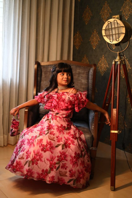 Pink Flowered Top with Flowery Organza Ghagra - Kirti Agarwal