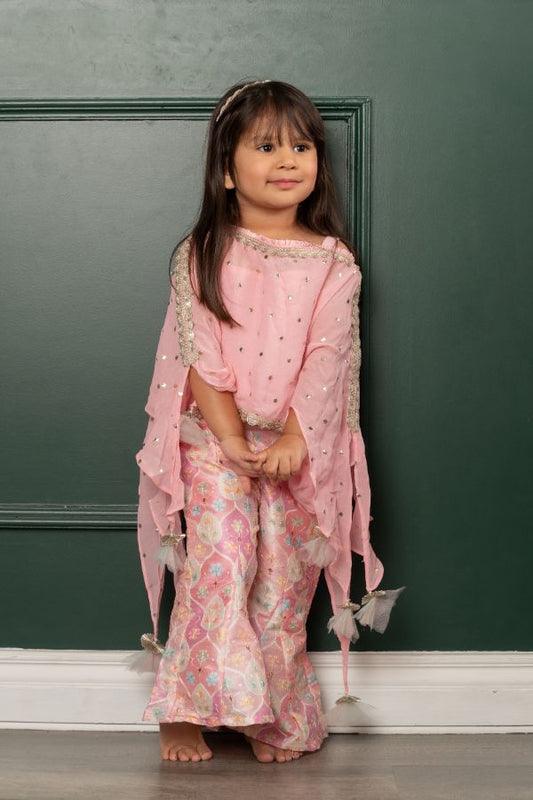 Pink Top With embroidered Detailed Cape And printed embroidered pants - Kirti Agarwal