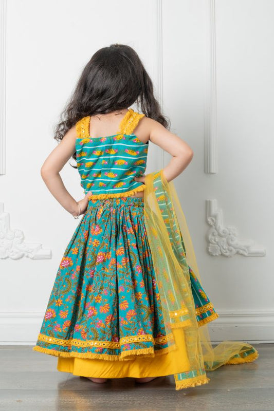Pure Cotton Fringes Strap Green Top And Lehenga With Net Dupatta - Kirti Agarwal