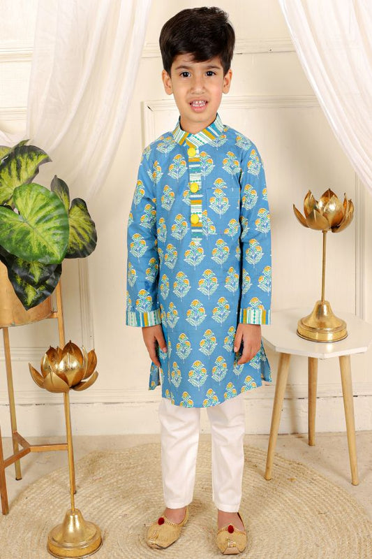 Pure Cotton Patch Pocket Detail Ink Blue Kurta And White Pyjama - Kirti Agarwal