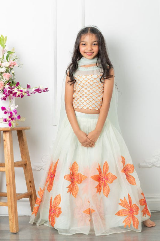 Round Neck sea green Top And Floral Applique Embroidered Lehenga - Kirti Agarwal