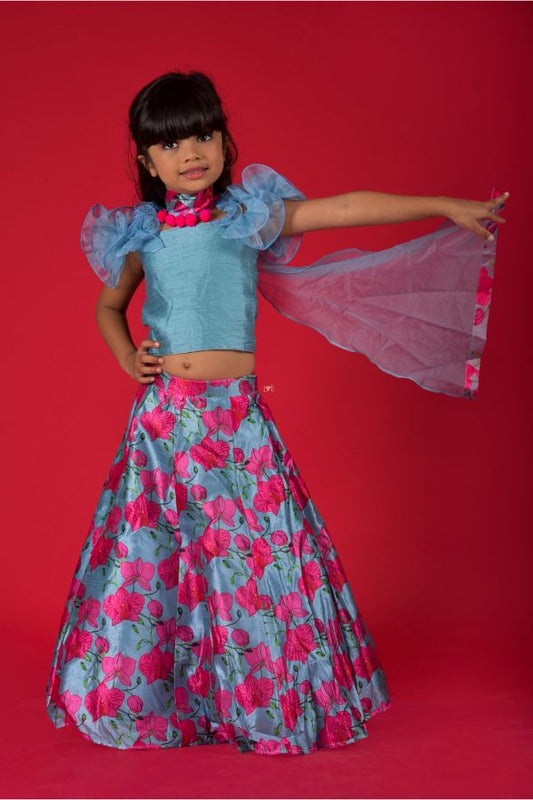 Ruffled Sleeves crop top with dupatta and Lahenga - Kirti Agarwal