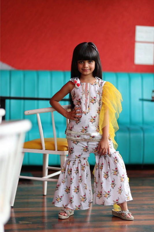 Short Flower Print Kurta with Sharara and Frilled Dupatta - Kirti Agarwal
