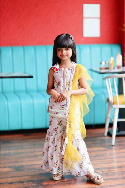 Short Flower Print Kurta with Sharara and Frilled Dupatta - Kirti Agarwal