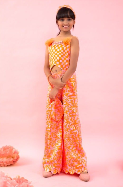 Sleeveless Orange check print Jumpsuit with stylish flowers on top - Kirti Agarwal