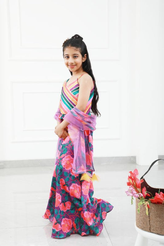 Stylish Diagonal Gota Lace Work Striped Multicolour Cape Top And Floral Printed Palazzo - Kirti Agarwal