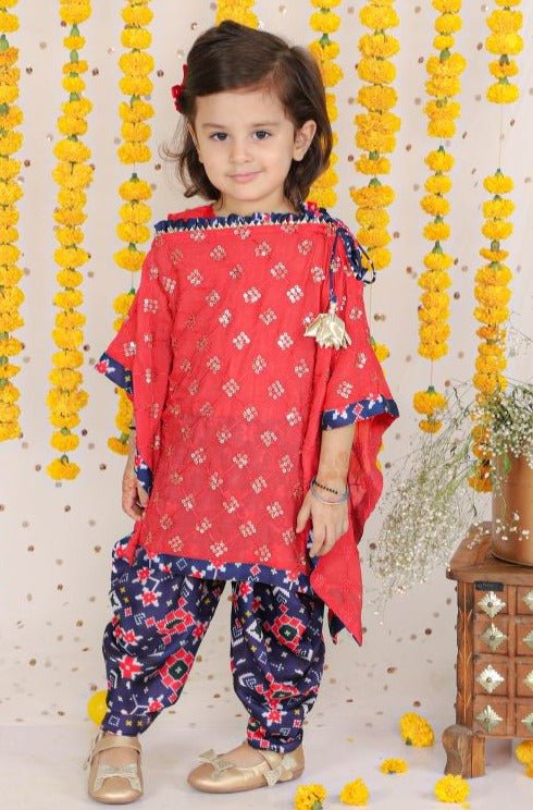 Tart Red One Shoulder Top With Sequins Embroidered Cape And Patola - Kirti Agarwal