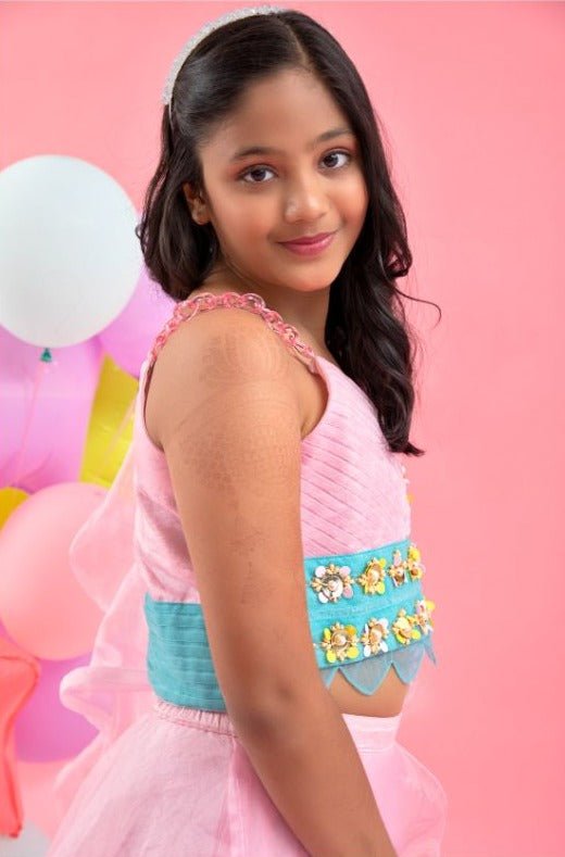 Two Layered Lahenga with attached dupatta and hand embroidered crop top - Kirti Agarwal