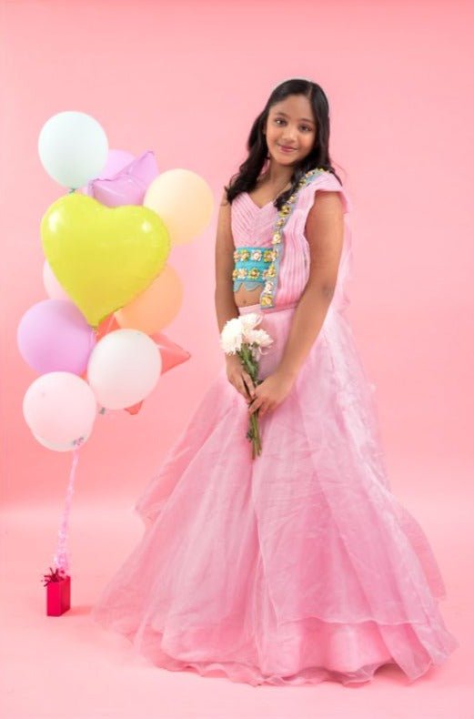 Two Layered Lahenga with attached dupatta and hand embroidered crop top - Kirti Agarwal