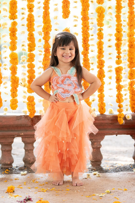 Vibrant Orange tulle style dress with flower embroidery on top - Kirti Agarwal