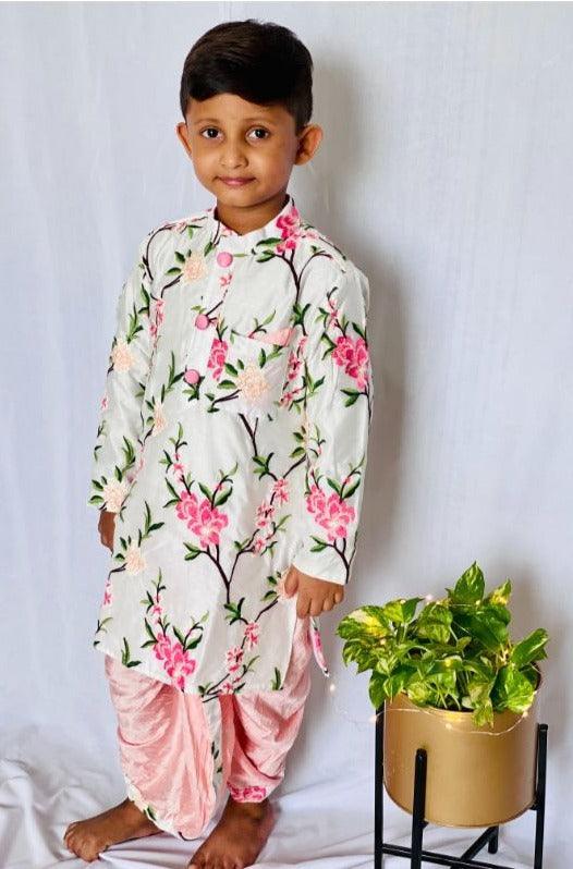 White Embroidered Floral Kurta with Dhoti - Kirti Agarwal