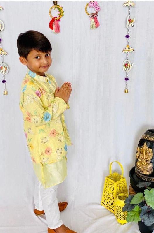 Yellow Embroidered Kurta with White Churidar - Kirti Agarwal