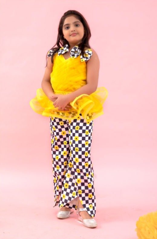 Yellow pleated organza peplum top with Pants - Kirti Agarwal