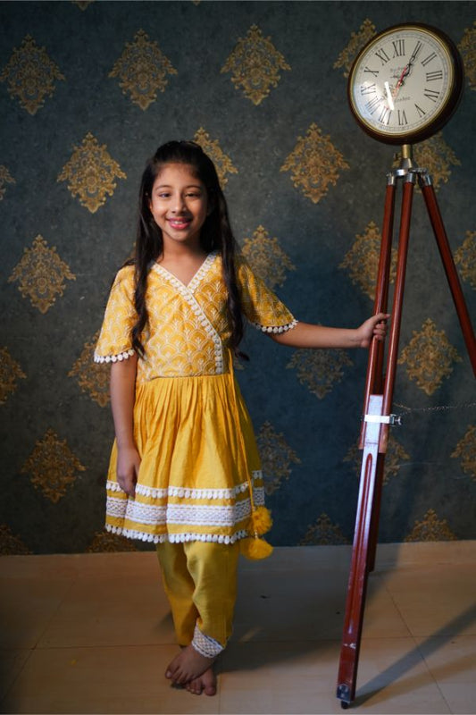 Yellow Thread Embroidered And Lace Work Kurti With Pant - Kirti Agarwal