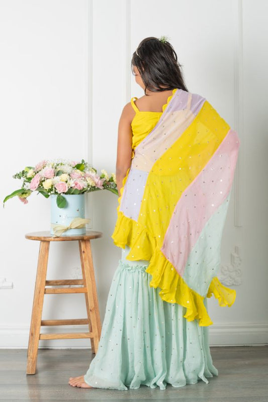 Yellow Top With Knot Detailed Cape And Dotted Sharara - Kirti Agarwal