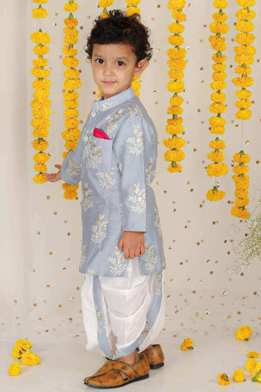 Zari Thread Embroidered Grey Kurta With Dhoti - Kirti Agarwal