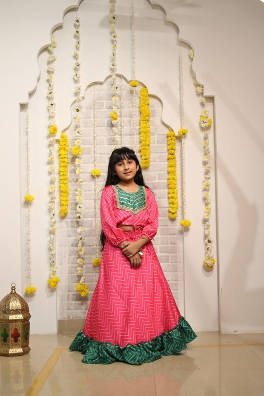 Zig Zag print Lahenga with frills at bottom and crop top with different pattern - Kirti Agarwal