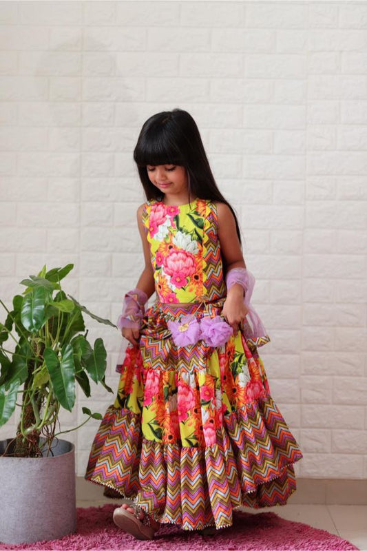 Zig Zag three tiered Lahenga with crop top - Kirti Agarwal