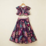 Elegant wine Chinnon Chiffon lehenga set with a floral top, ruffle sleeves and a beautifully flared lehenga