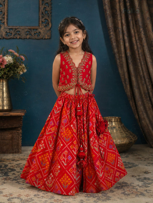 Elegant Red Silk Embroidered Crop Top & Flared Lehenga Set for Girls.
