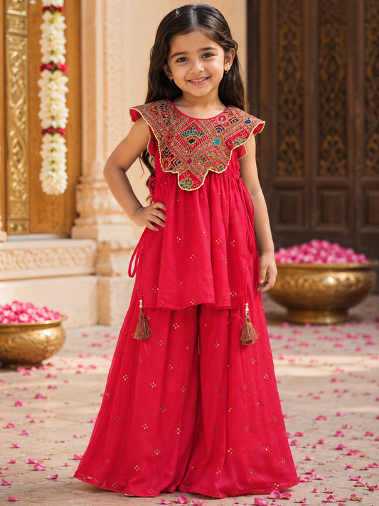 Festive Red Embroidered Top with Statement Handwork Yoke, Tassels & Flared Palazzo
