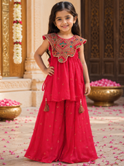 Festive Red Embroidered Top with Statement Handwork Yoke, Tassels & Flared Palazzo