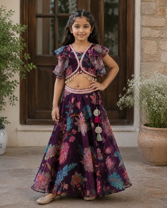 Elegant wine Chinnon Chiffon lehenga set with a floral top, ruffle sleeves and a beautifully flared lehenga