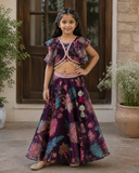 Elegant wine Chinnon Chiffon lehenga set with a floral top, ruffle sleeves and a beautifully flared lehenga