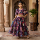 Elegant wine Chinnon Chiffon lehenga set with a floral top, ruffle sleeves and a beautifully flared lehenga