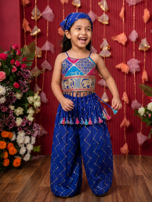 Stylish blue embroidered Georgette 3-piece set with a crop top, flowy palazzo and matching Bandhana.