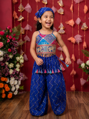 Stylish blue embroidered Georgette 3-piece set with a crop top, flowy palazzo and matching Bandhana.