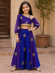 Elegant blue and purple Bandhini-print Georgette set featuring a stylish one-shoulder top with statement sleeves and a flowy Palazzo