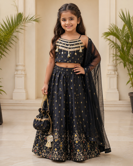 Elegant black Silk Lehenga set with rich Brocade Zari detailing, embellished crop top, dupatta and matching potli