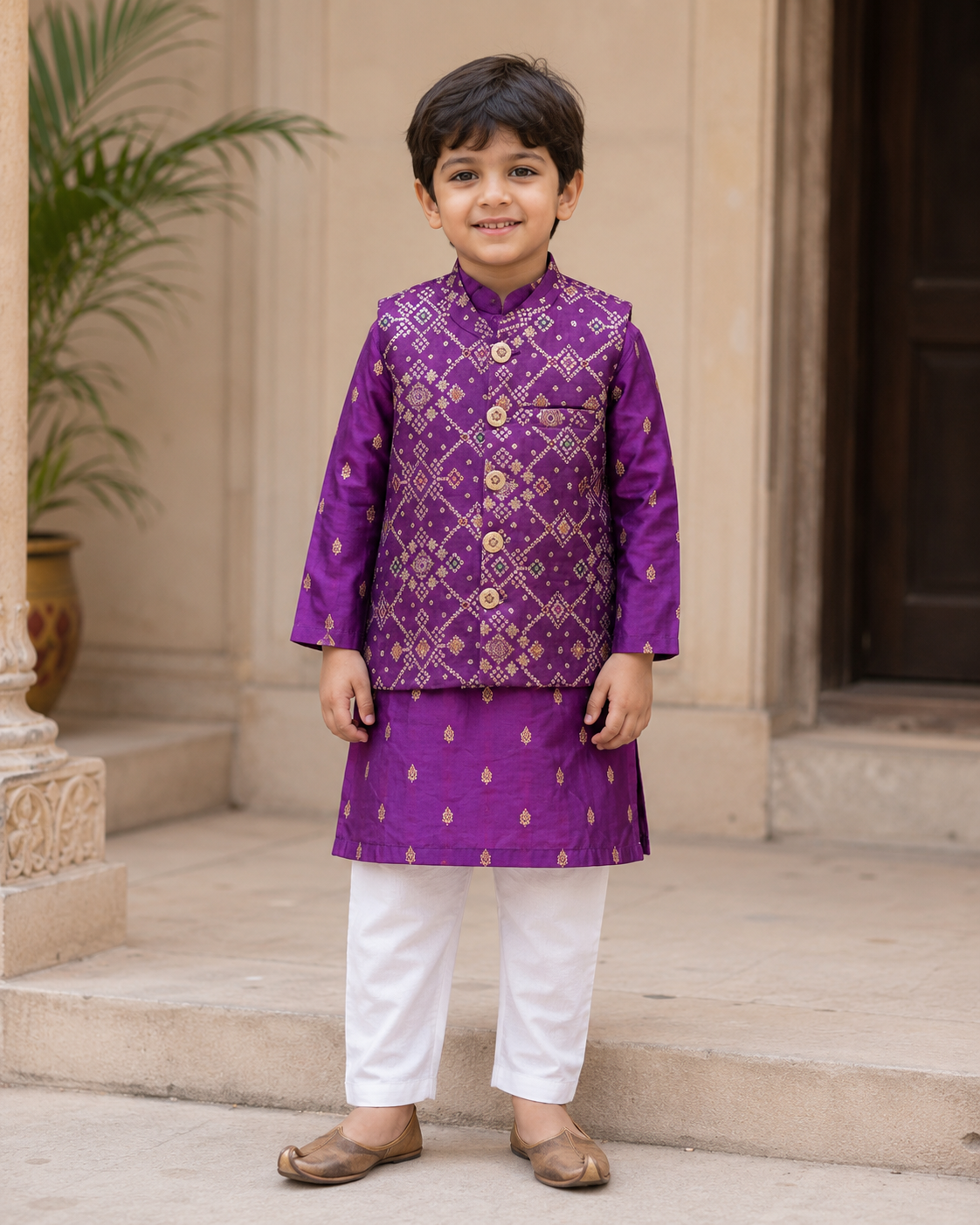 Purple Brocade Zari Kurta Set with Jacket & White Pyjama