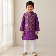 Purple Brocade Zari Kurta Set with Jacket & White Pyjama