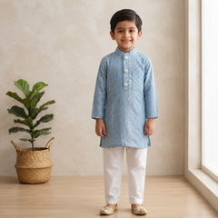 Blue Lucknawi Kurta Set with White Pyjama