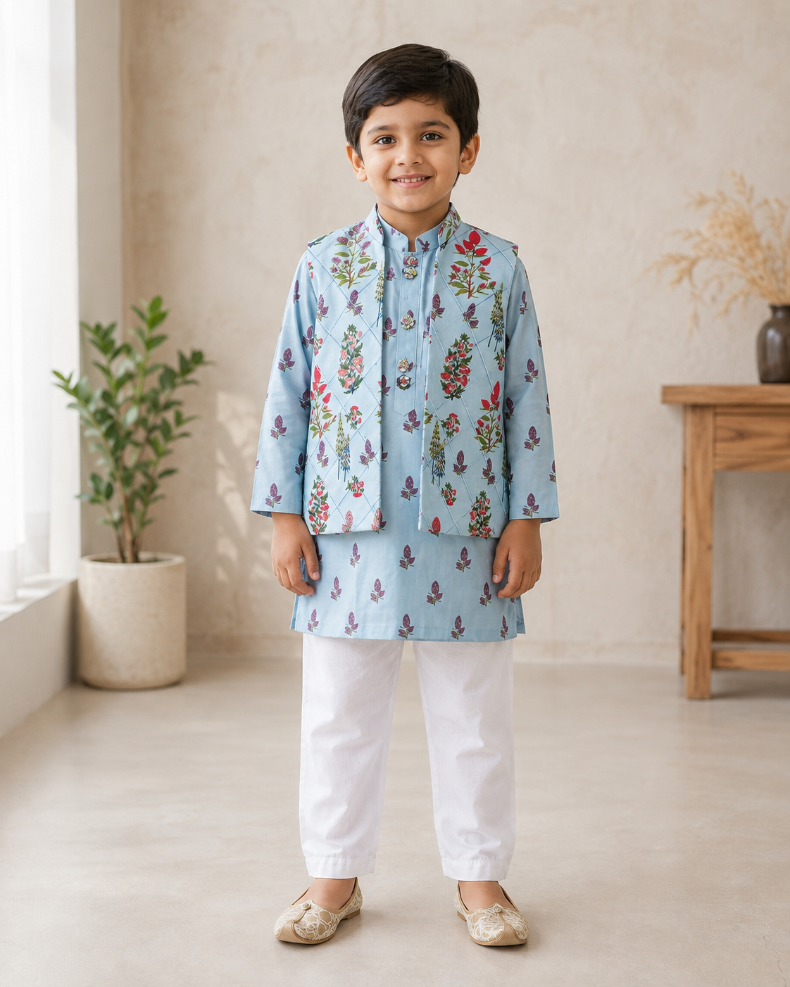 Sea Blue Kurta Set with Floral Jacket
