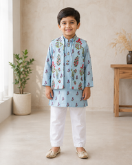Sea Blue Kurta Set with Floral Jacket