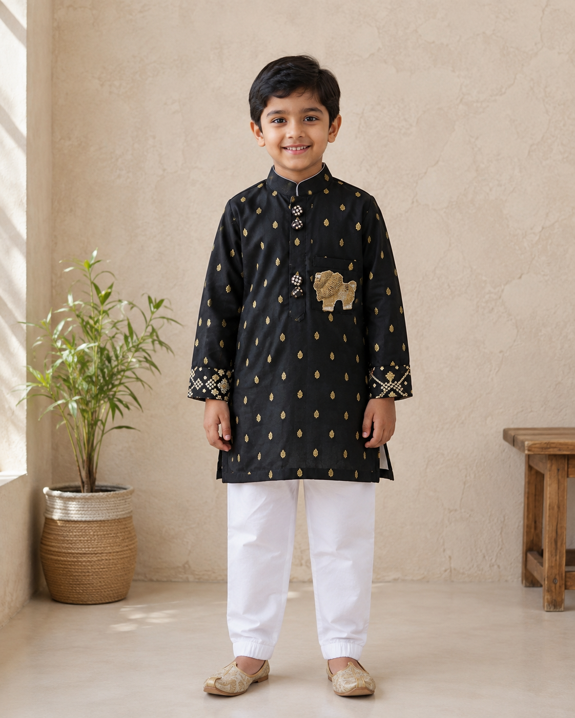 Black Brocade Kurta Set with White Pyjama