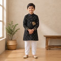 Black Brocade Kurta Set with White Pyjama