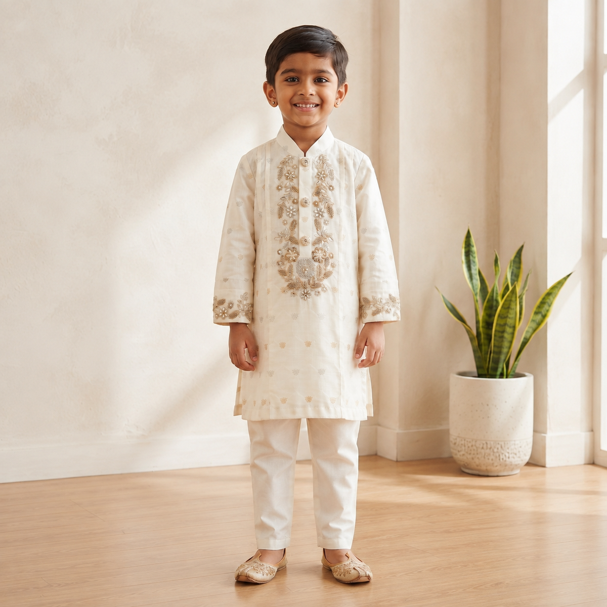 Elegant Off-White Embroidered Kurta Set.