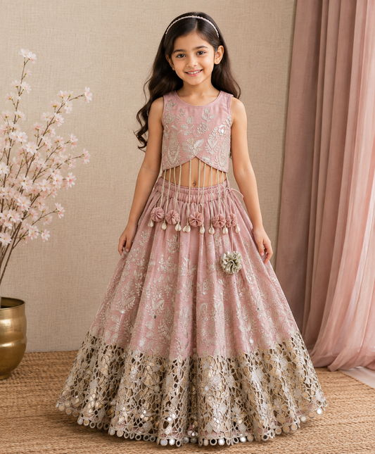 Dusty Old Rose Tissue Silk Top with Silver Floral Embroidery, Statement Hangings & Embellished Lehenga.
