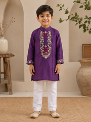 Purple Hand-Embroidered Kurta with White Pyjama.