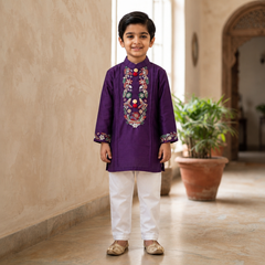 Purple Hand-Embroidered Kurta with White Pyjama.