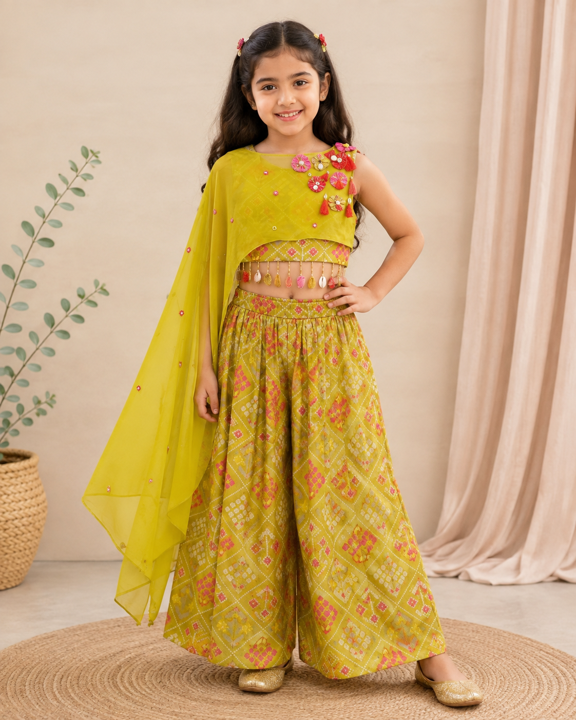 Elegant Green Silk Crop Top with Embellished Georgette Cape and Flared Palazzo.